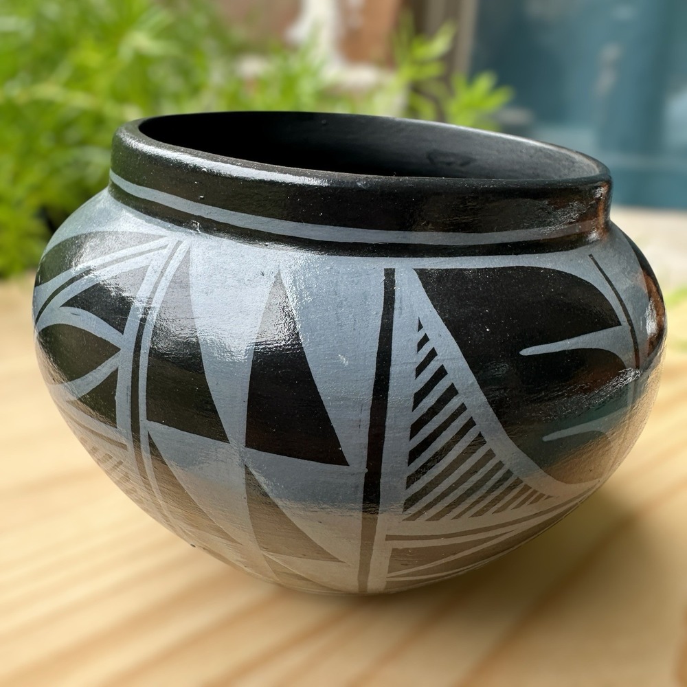 VTG Pueblo Pottery Bowl 2.875 Inch Black Gray Signed Native American New Mexico